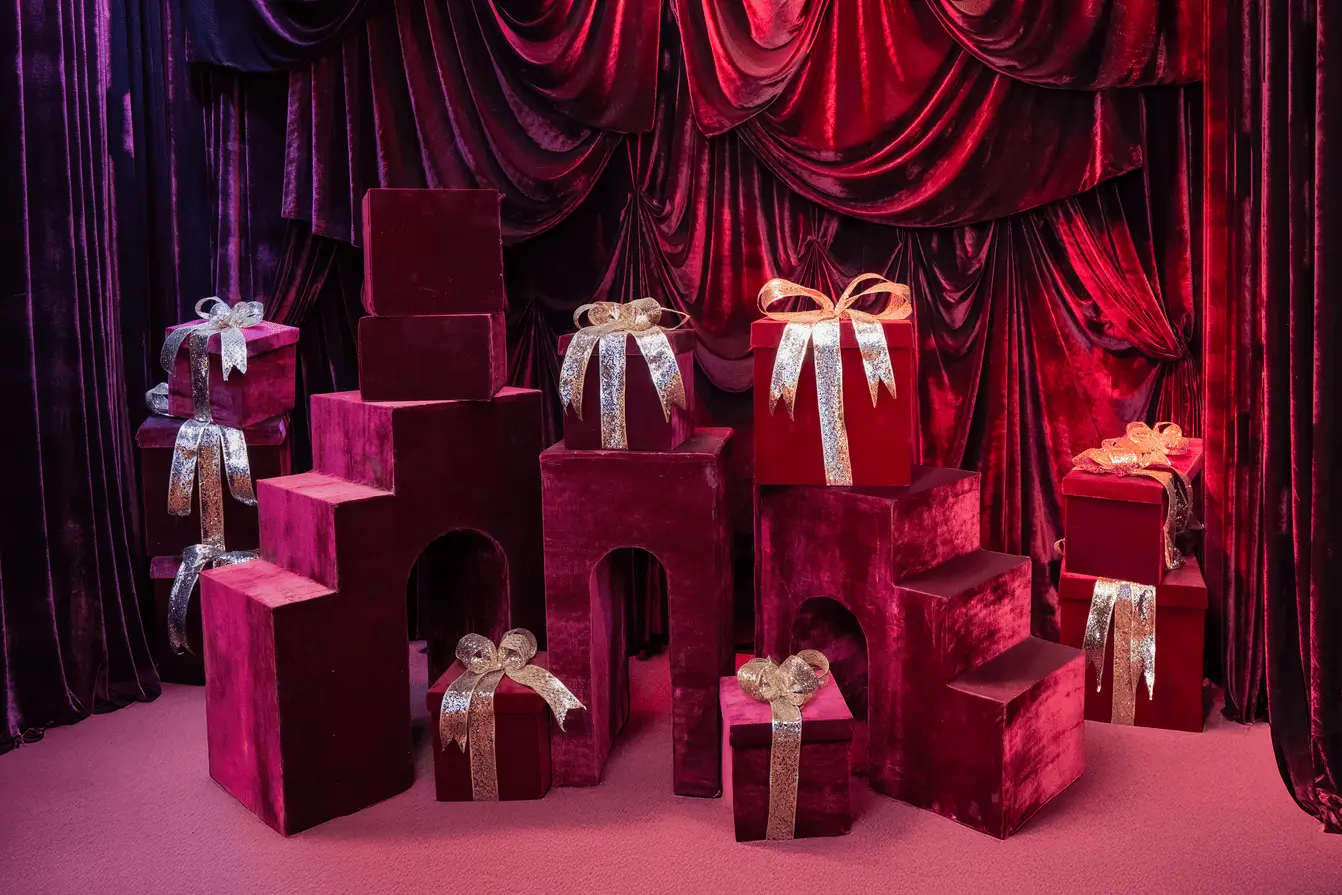 Escenario de terciopelo rojo con regalos y lazos dorados